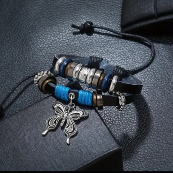 Vintage Butterfly Black PU Leather Adjustable Wrap Bracelet Adjustable Length - Picture 4 of 4